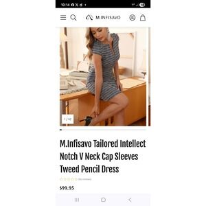 M.Infisavo Tailored Intellect Notch V Neck Cap Sleeve Tweed Pencil Dress Blue